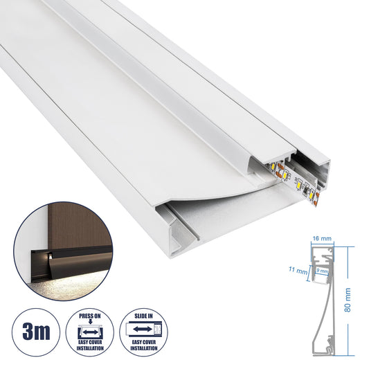 SKIRTINGBOARD-PROFILE 70851-3M Προφίλ Αλουμινίου - Βάση & Ψύκτρα Ταινίας LED με Λευκό Γαλακτερό Κάλυμμα - Επιφανειακή Χρήση για Περβάζι - Πατητό Κάλυμμα - Λευκό - 3 Μέτρα - Μ300 x Π1.6 x Υ8cm