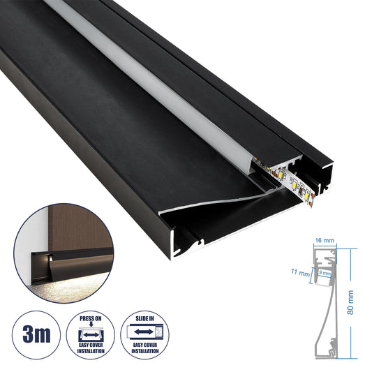 SKIRTINGBOARD-PROFILE 70852-3M Προφίλ Αλουμινίου - Βάση & Ψύκτρα Ταινίας LED με Λευκό Γαλακτερό Κάλυμμα - Επιφανειακή Χρήση για Περβάζι - Πατητό Κάλυμμα - Μαύρο - 3 Μέτρα - Μ300 x Π1.6 x Υ8cm