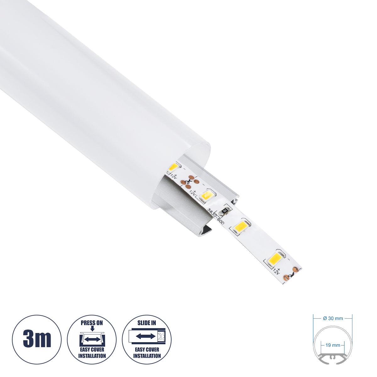 ALP-ROUND TUBIT 70853-3M Επιφανειακό & Κρεμαστό Προφίλ Αλουμινίου με Λευκό Γαλακτερό Πατητό Κάλυμμα για Ταινίες LED IP20 - Ασημί & Λευκό - Μ300 x Π3 x Υ3