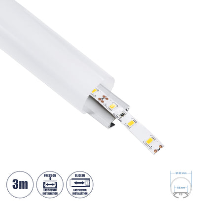 ALP-ROUND TUBIT 70853-3M Επιφανειακό & Κρεμαστό Προφίλ Αλουμινίου με Λευκό Γαλακτερό Πατητό Κάλυμμα για Ταινίες LED IP20 - Ασημί & Λευκό - Μ300 x Π3 x Υ3