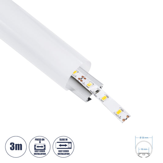 ALP-ROUND TUBIT 70853-3M Επιφανειακό & Κρεμαστό Προφίλ Αλουμινίου με Λευκό Γαλακτερό Πατητό Κάλυμμα για Ταινίες LED IP20 - Ασημί & Λευκό - Μ300 x Π3 x Υ3