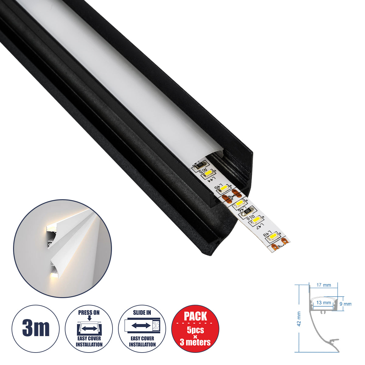 SURFACE-PROFILE 70859-3M Προφίλ Αλουμινίου - Βάση & Ψύκτρα Ταινίας LED με Λευκό Γαλακτερό Κάλυμμα - Επιφανειακή Χρήση Δημιουργίας Κρυφού Φωτισμού - Πατητό Κάλυμμα - Μαύρο - 3 Μέτρα - Πακέτο 5 Τεμαχίων - Μ300 x Π1.7 x Υ4.2cm