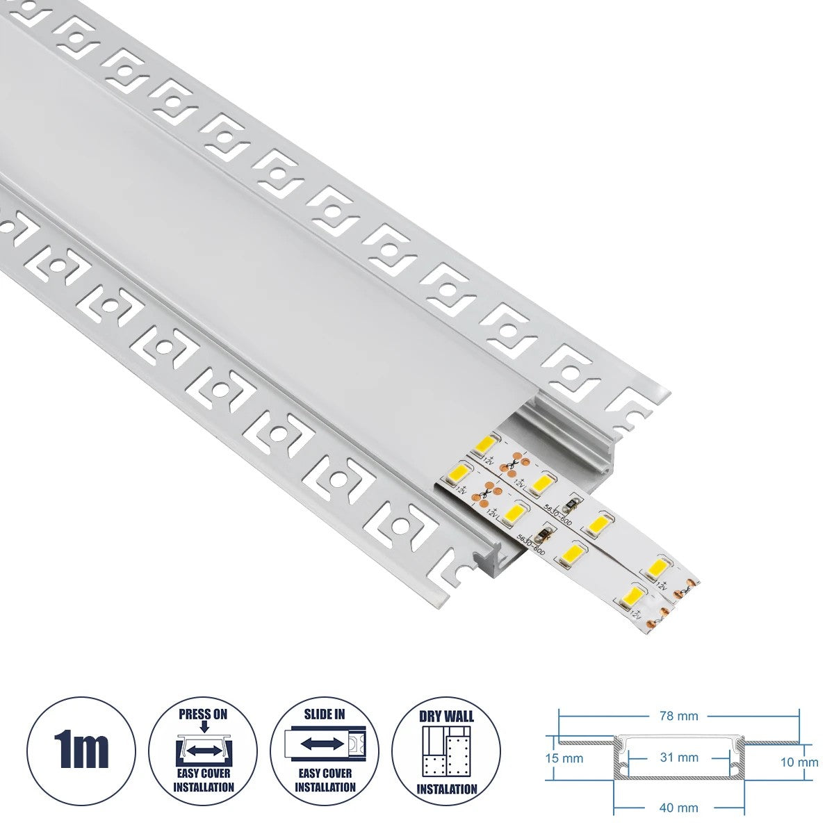 ALP-PLASTERIN GYPSO 70861-1M Χωνευτό Προφίλ Αλουμινίου Ειδικό για Γυψοσανίδα με Λευκό Γαλακτερό Πατητό Κάλυμμα για Ταινίες LED IP20 - Ασημί & Λευκό - Μ100 x Π7.8 x Υ1.4