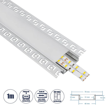ALP-PLASTERIN GYPSO 70861-1M Χωνευτό Προφίλ Αλουμινίου Ειδικό για Γυψοσανίδα με Λευκό Γαλακτερό Πατητό Κάλυμμα για Ταινίες LED IP20 - Ασημί & Λευκό - Μ100 x Π7.8 x Υ1.4