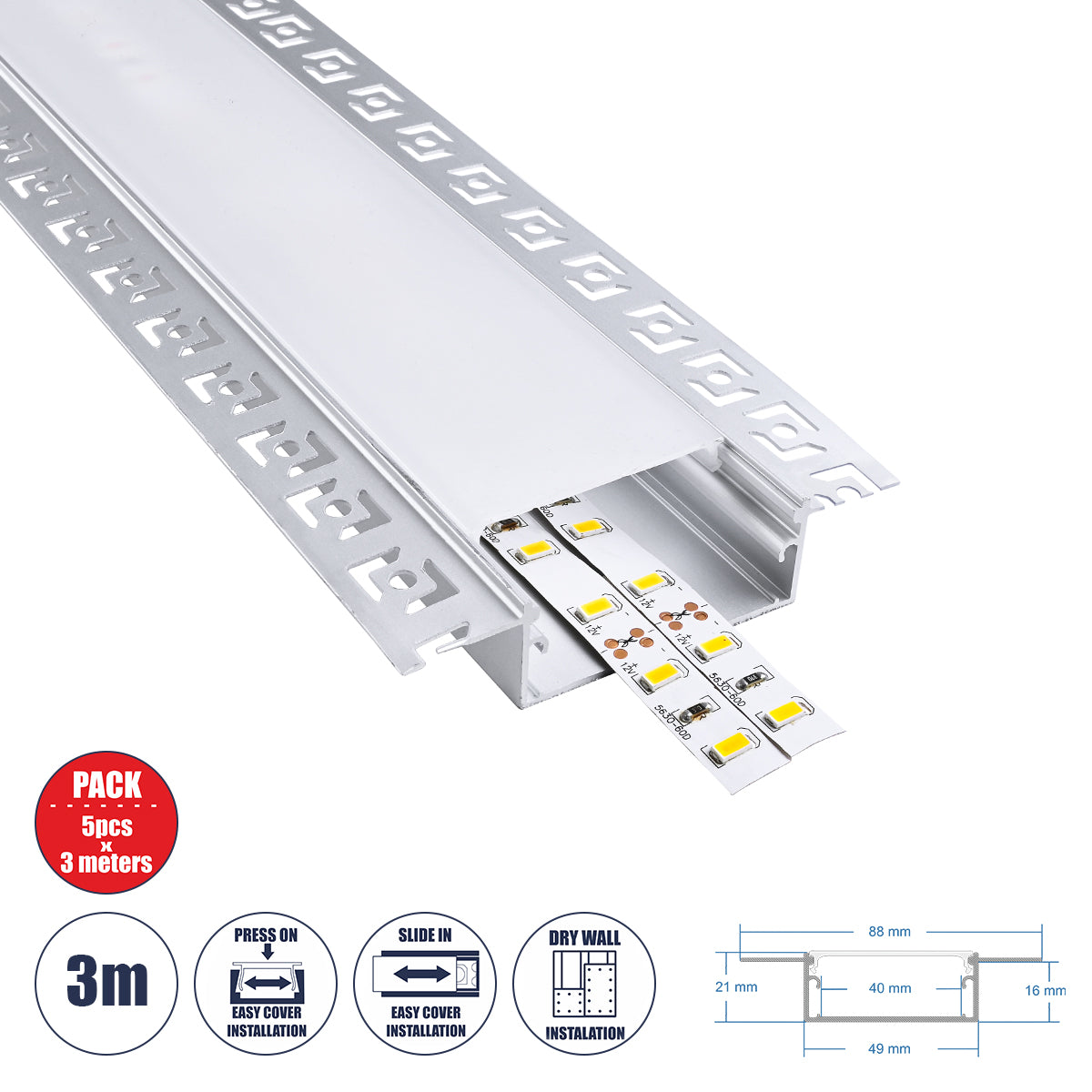 PLASTERBOARD-PROFILE 70862-3M Προφίλ Αλουμινίου - Βάση & Ψύκτρα Ταινίας LED με Λευκό Γαλακτερό Κάλυμμα - Χωνευτή Χρήση σε Γυψοσανίδα - Trimless - Πατητό Κάλυμμα - Ασημί - 3 Μέτρα - Πακέτο 5 Τεμαχίων - Μ300 x Π8.8 x Υ2cm