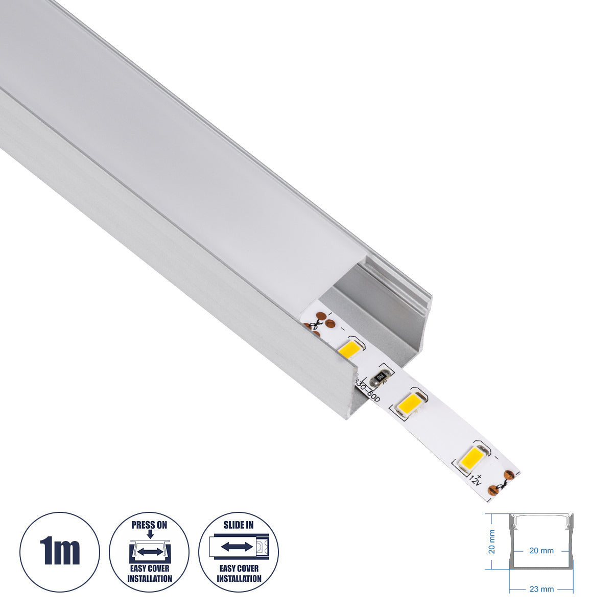 SURFACE-PROFILE 70867-1M Προφίλ Αλουμινίου - Βάση & Ψύκτρα Ταινίας LED με Λευκό Γαλακτερό Κάλυμμα - Επιφανειακή Χρήση - Πατητό Κάλυμμα - Ασημί - 1 Μέτρο - Μ100 x Π2.3 x Υ2cm