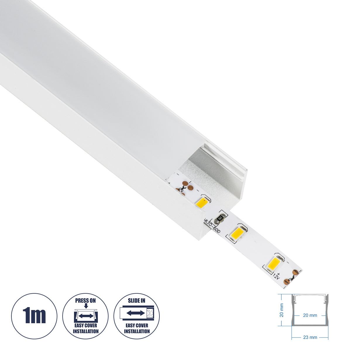 SURFACE-PROFILE 70868-1M Προφίλ Αλουμινίου - Βάση & Ψύκτρα Ταινίας LED με Λευκό Γαλακτερό Κάλυμμα - Επιφανειακή Χρήση - Πατητό Κάλυμμα - Λευκό - 1 Μέτρο - Μ100 x Π2.3 x Υ2cm