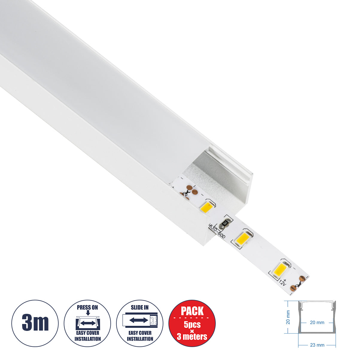 SURFACE-PROFILE 70868-3M Προφίλ Αλουμινίου - Βάση & Ψύκτρα Ταινίας LED με Λευκό Γαλακτερό Κάλυμμα - Επιφανειακή Χρήση - Πατητό Κάλυμμα - Λευκό - 3 Μέτρα - Πακέτο 5 Τεμαχίων - Μ300 x Π2.3 x Υ2cm