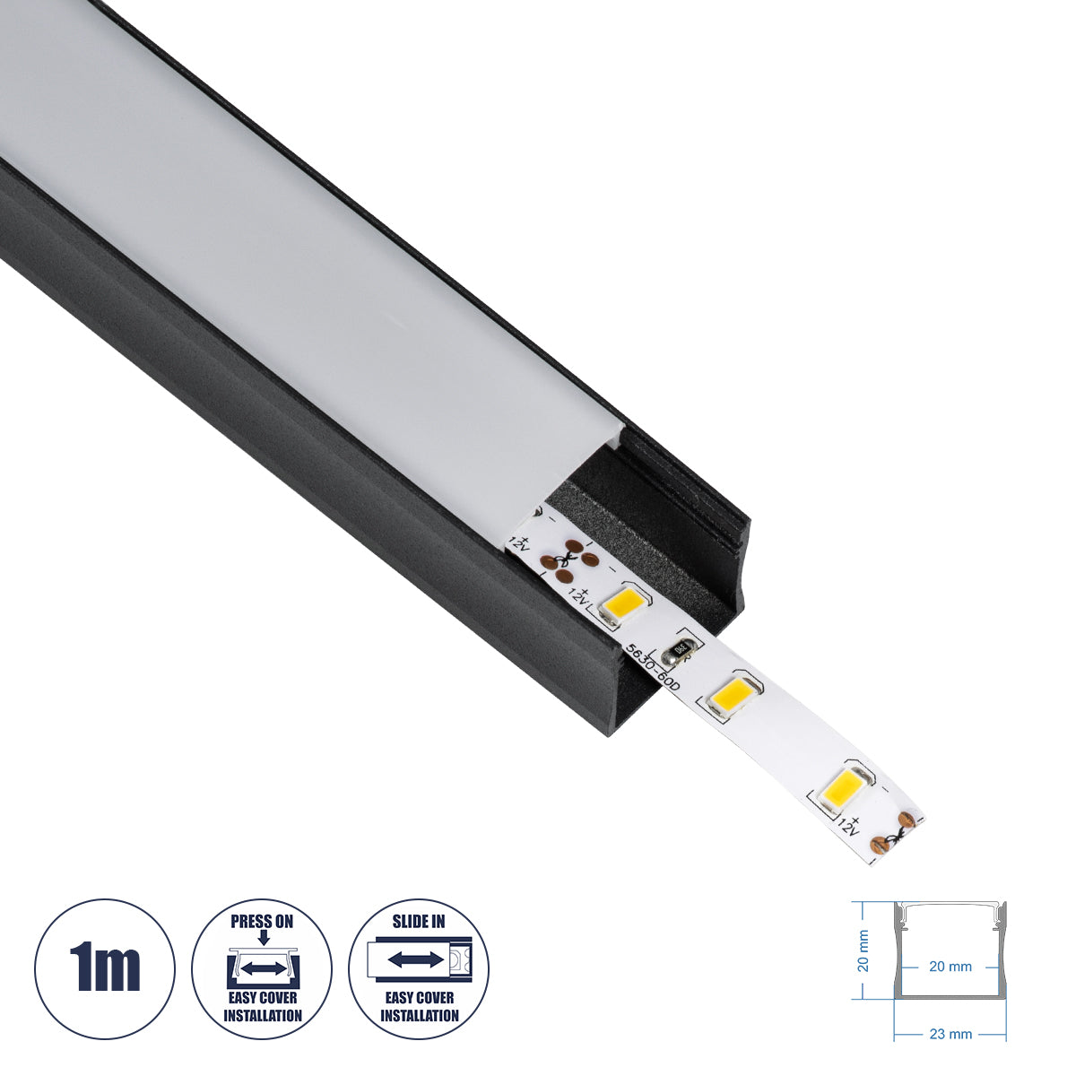 SURFACE-PROFILE 70869-1M Προφίλ Αλουμινίου - Βάση & Ψύκτρα Ταινίας LED με Λευκό Γαλακτερό Κάλυμμα - Επιφανειακή Χρήση - Πατητό Κάλυμμα - Μαύρο - 1 Μέτρο - Μ100 x Π2.3 x Υ2cm