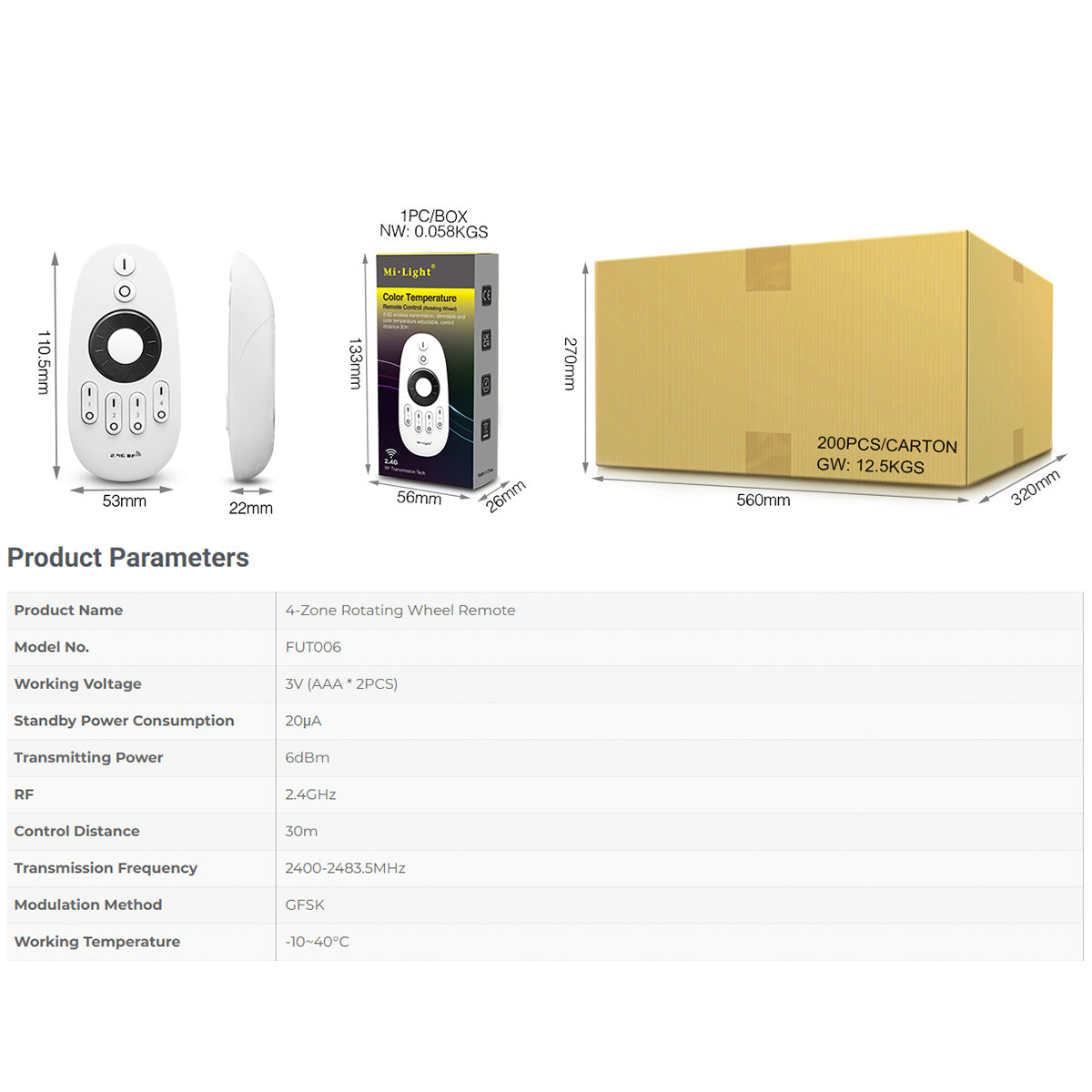 71402 FUT006 Mi-Light Ασύρματο Χειριστήριο RF 2.4Ghz 4 Group για όλα τα Μονόχρωμα & CCT Mi-BOXER Controller DC 3V 2 x AAA - IP20 Λευκό Μ10.8 x Π5.4 x Υ2cm