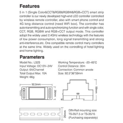 71415 LS2S Mi-BOXER DC WiFi & RF 2.4Ghz Dimmer High Speed Controller 5 Καναλιών DC 12-24V 5 x 6A 144W - Max 10A 240W - IP20 RGBW+WW - Din Rail Ράγας - Μ9 x Π3.4 x Υ6cm