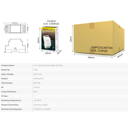 71415 LS2S Mi-BOXER DC WiFi & RF 2.4Ghz Dimmer High Speed Controller 5 Καναλιών DC 12-24V 5 x 6A 144W - Max 10A 240W - IP20 RGBW+WW - Din Rail Ράγας - Μ9 x Π3.4 x Υ6cm