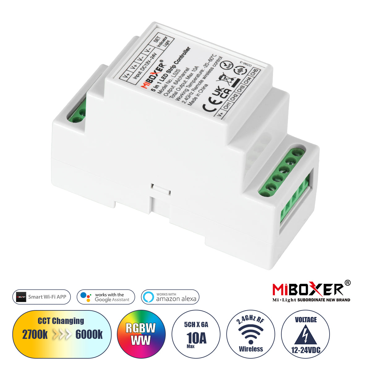 71415 LS2S Mi-BOXER DC WiFi & RF 2.4Ghz Dimmer High Speed Controller 5 Καναλιών DC 12-24V 5 x 6A 144W - Max 10A 240W - IP20 RGBW+WW - Din Rail Ράγας - Μ9 x Π3.4 x Υ6cm