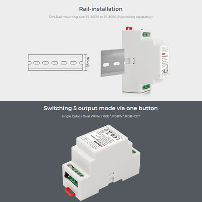 71415 LS2S Mi-BOXER DC WiFi & RF 2.4Ghz Dimmer High Speed Controller 5 Καναλιών DC 12-24V 5 x 6A 144W - Max 10A 240W - IP20 RGBW+WW - Din Rail Ράγας - Μ9 x Π3.4 x Υ6cm