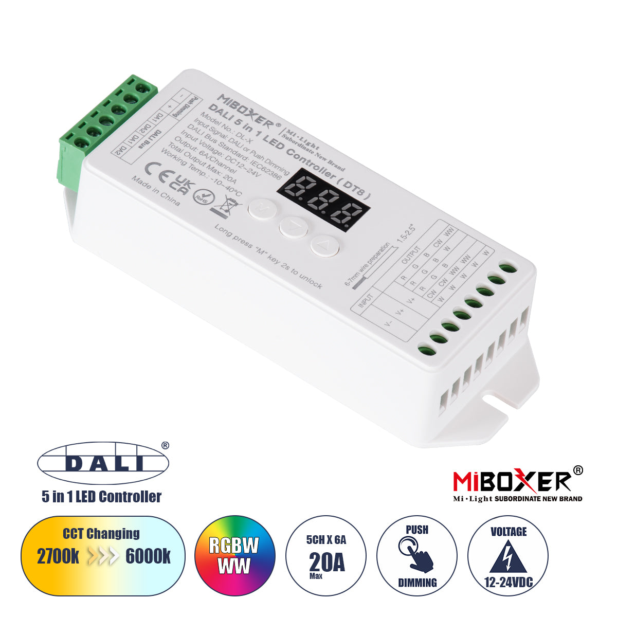 71423 DL-X Mi-BOXER DC DALI & Push Dimming 5 in 1 High Speed Controller / Dimmer 5 Καναλιών DC 12-24V 5 x 6A 144W - Max 20A 480W - IP20 RGBW+WW Μ13 x Π5 x Υ2.5cm