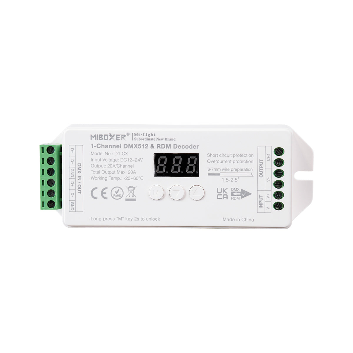 71424 D1-CX Mi-BOXER DC DMX & RDM Dimmer High Speed Controller / Decoder 1 Καναλιού DC 12-24V 1 x 20A 480W - Max 20A 480W - IP20 Μ13 x Π5 x Υ2.5cm