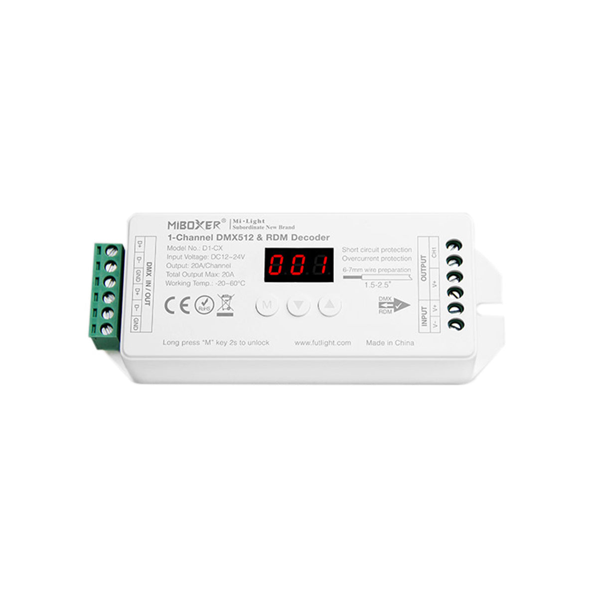 71424 D1-CX Mi-BOXER DC DMX & RDM Dimmer High Speed Controller / Decoder 1 Καναλιού DC 12-24V 1 x 20A 480W - Max 20A 480W - IP20 Μ13 x Π5 x Υ2.5cm