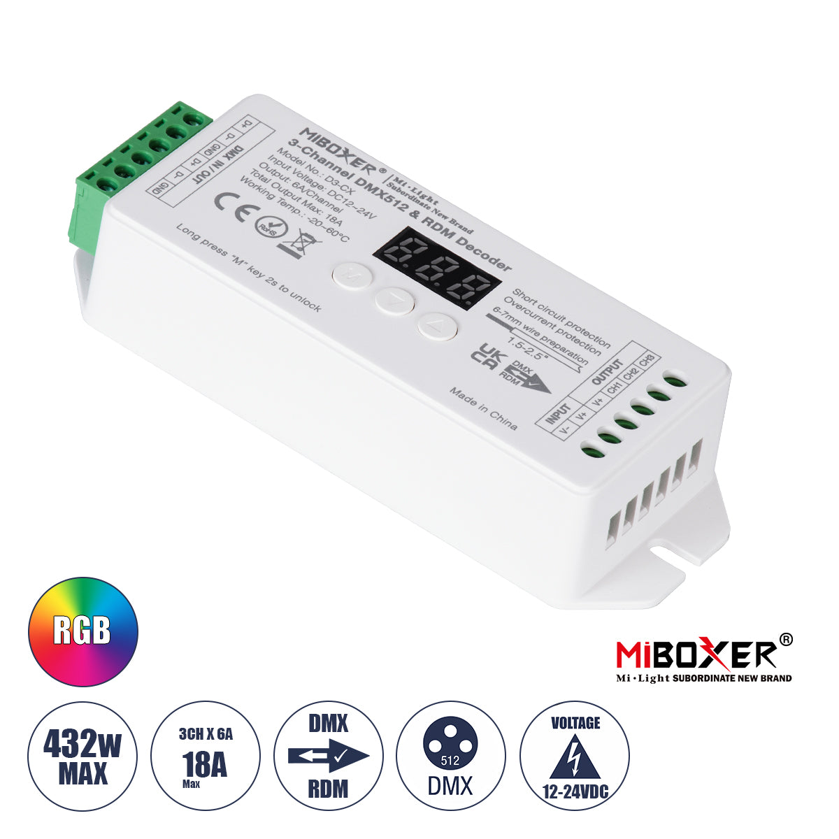 71425 D3-CX Mi-BOXER DC DMX & RDM Dimmer High Speed Controller / Decoder 3 Καναλιών DC 12-24V 3 x 6A 144W - Max 18A 432W - IP20 Μ13 x Π5 x Υ2.5cm