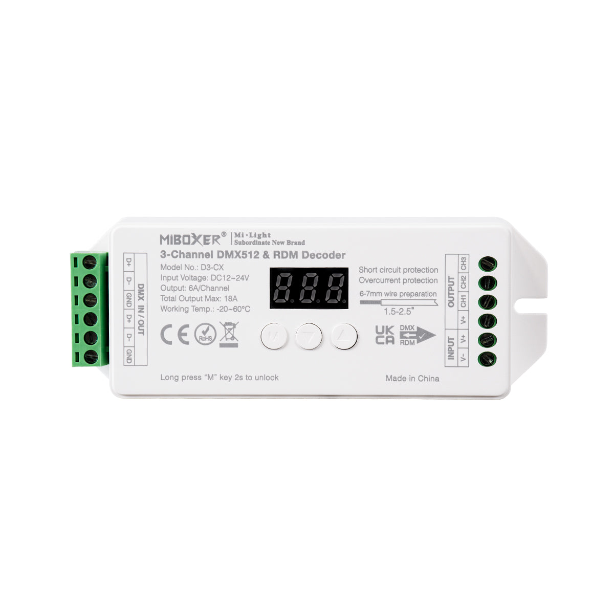 71425 D3-CX Mi-BOXER DC DMX & RDM Dimmer High Speed Controller / Decoder 3 Καναλιών DC 12-24V 3 x 6A 144W - Max 18A 432W - IP20 Μ13 x Π5 x Υ2.5cm