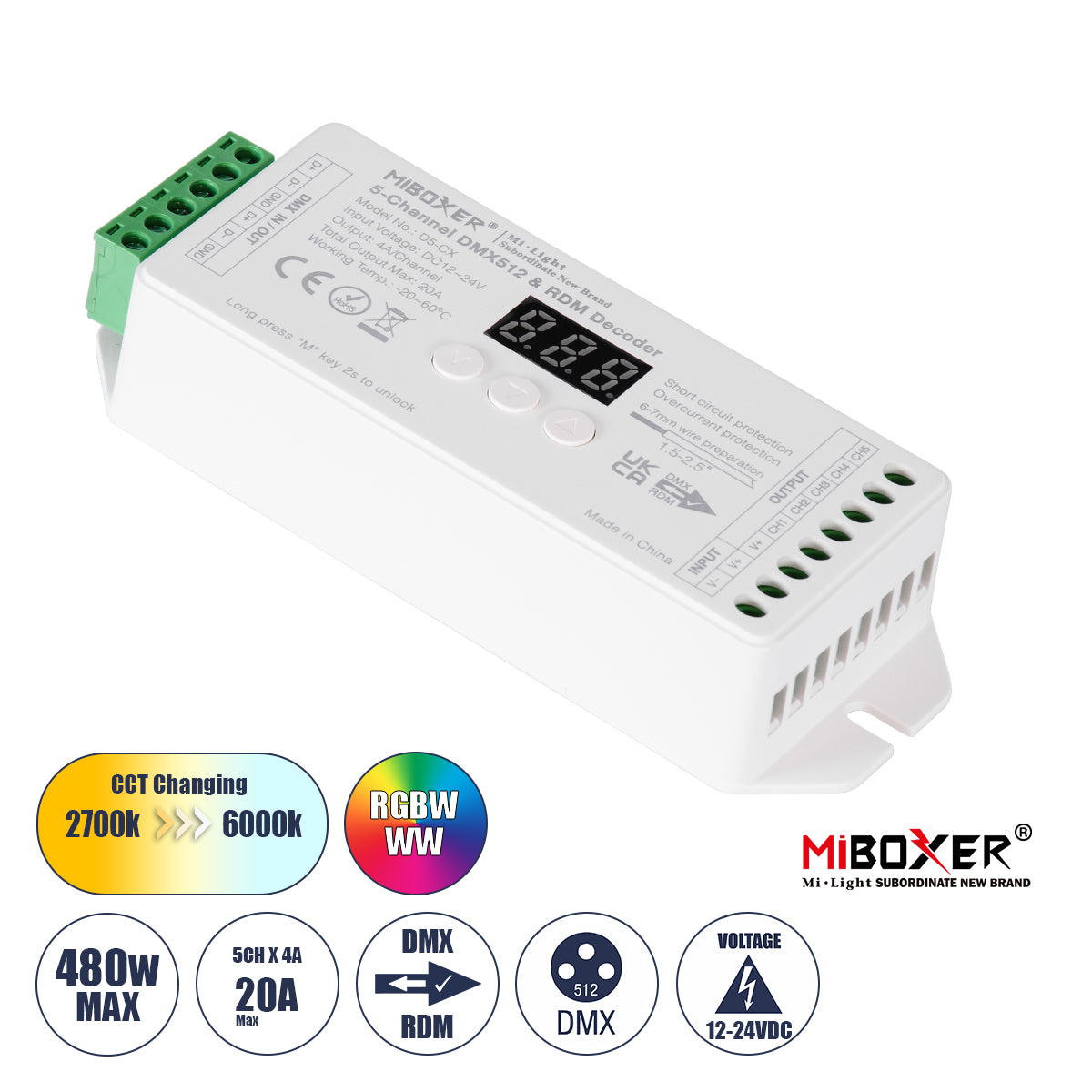 71426 D5-CX Mi-BOXER DC DMX & RDM Dimmer High Speed Controller / Decoder 5 Καναλιών DC 12-24V 5 x 4A 96W - Max 20A 480W - IP20 Μ13 x Π5 x Υ2.5cm