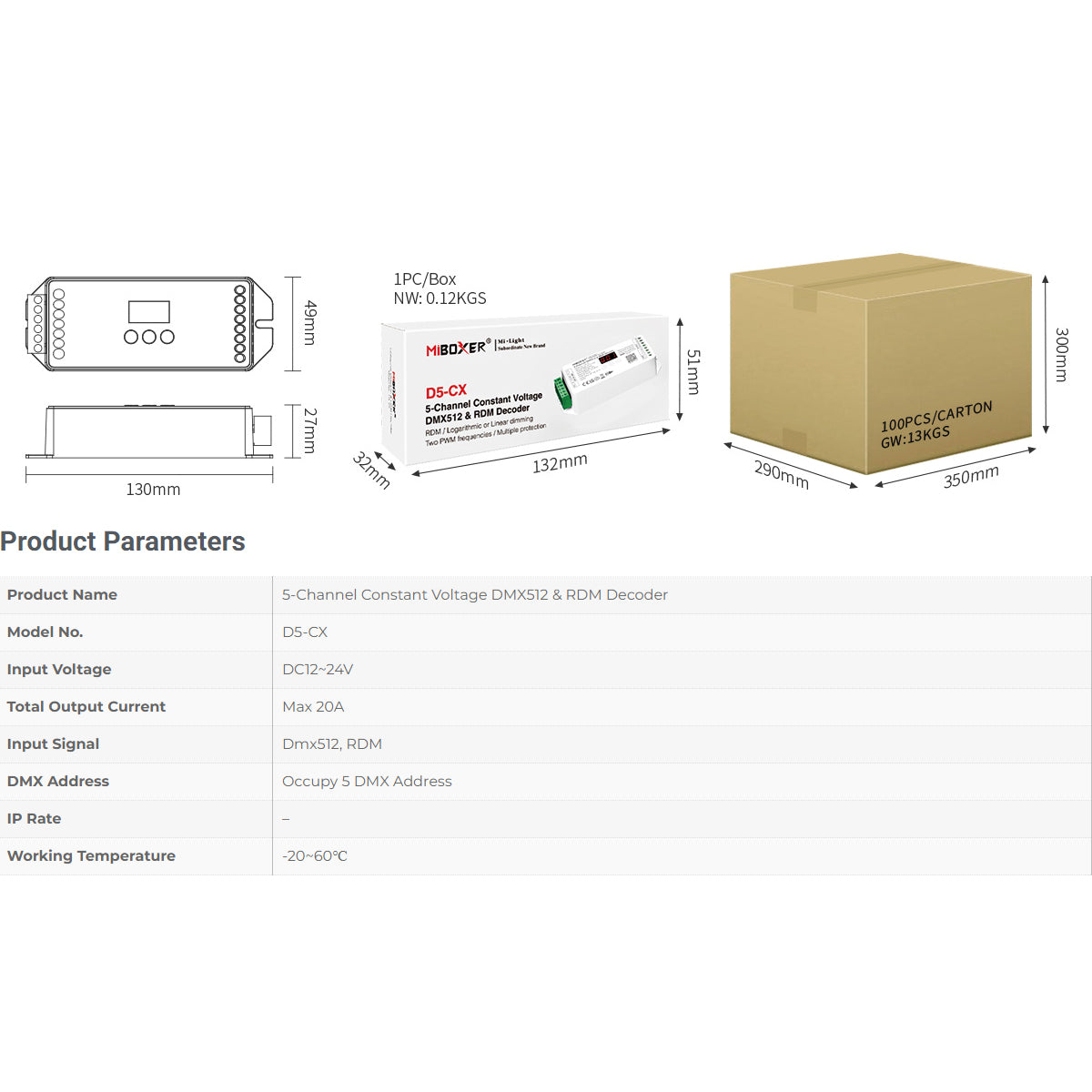 71426 D5-CX Mi-BOXER DC DMX & RDM Dimmer High Speed Controller / Decoder 5 Καναλιών DC 12-24V 5 x 4A 96W - Max 20A 480W - IP20 Μ13 x Π5 x Υ2.5cm