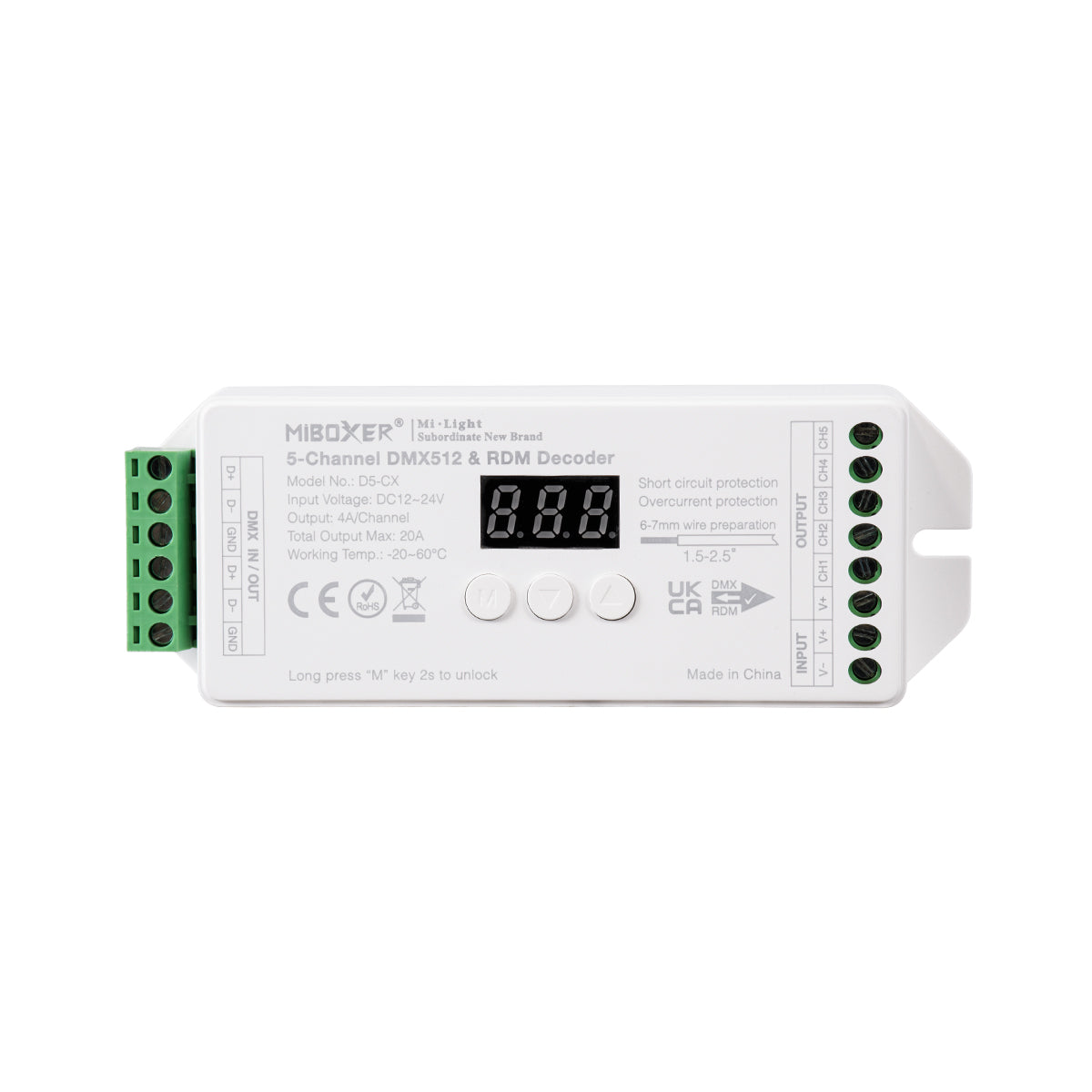 71426 D5-CX Mi-BOXER DC DMX & RDM Dimmer High Speed Controller / Decoder 5 Καναλιών DC 12-24V 5 x 4A 96W - Max 20A 480W - IP20 Μ13 x Π5 x Υ2.5cm