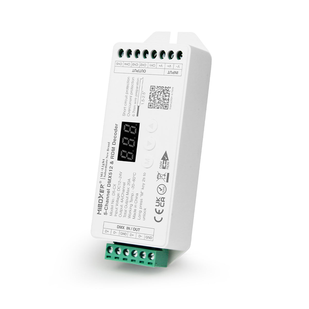 71426 D5-CX Mi-BOXER DC DMX & RDM Dimmer High Speed Controller / Decoder 5 Καναλιών DC 12-24V 5 x 4A 96W - Max 20A 480W - IP20 Μ13 x Π5 x Υ2.5cm