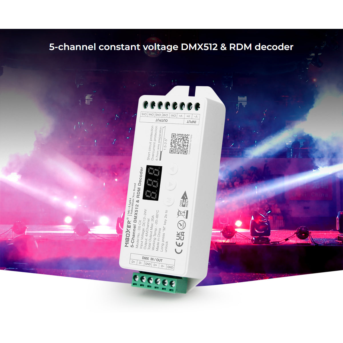 71426 D5-CX Mi-BOXER DC DMX & RDM Dimmer High Speed Controller / Decoder 5 Καναλιών DC 12-24V 5 x 4A 96W - Max 20A 480W - IP20 Μ13 x Π5 x Υ2.5cm