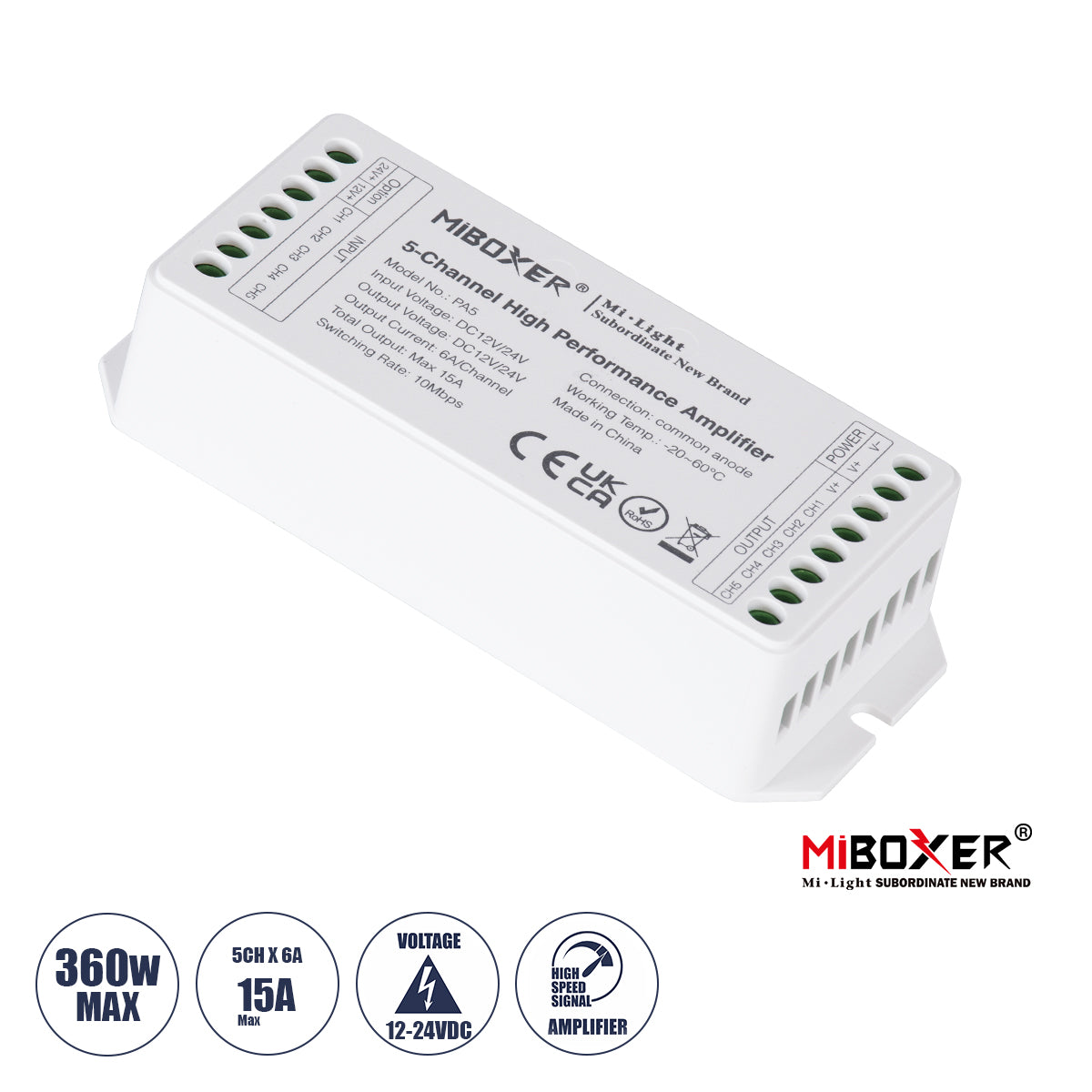 MiBOXER-PA5 71429 DC Ενισχυτής Ισχύος & Σήματος Υψηλής Ταχύτητας με 5 x 6A 144W Κανάλια DC 12-24V 15A 360W Max IP20 - Μ11.4 x Π4.9 x Υ2.8
