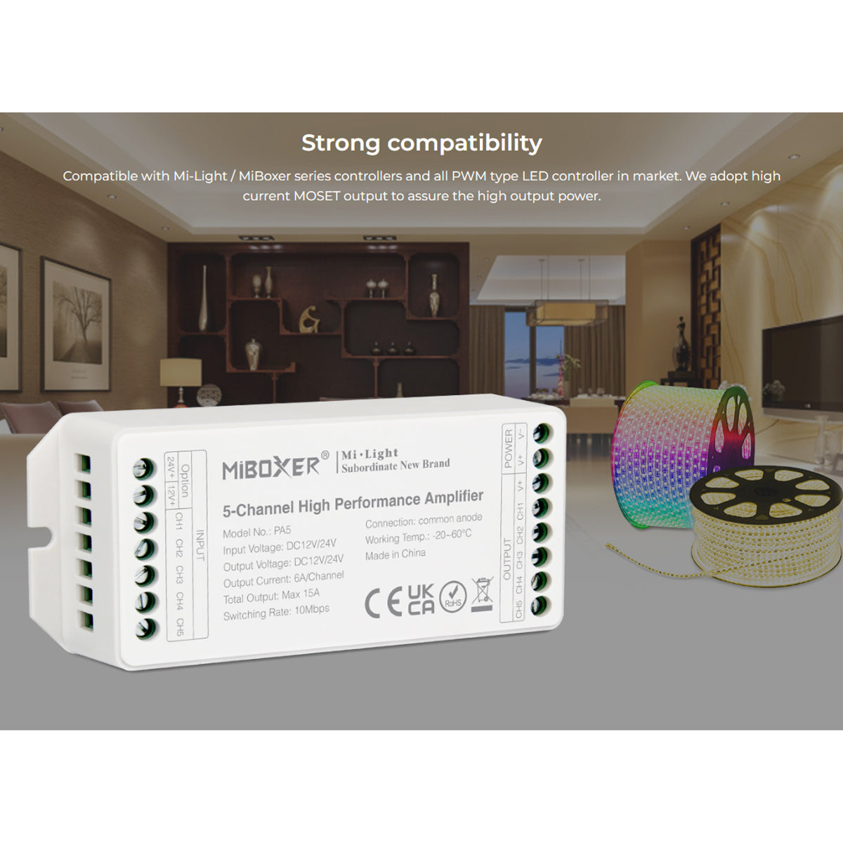 MiBOXER-PA5 71429 DC Ενισχυτής Ισχύος & Σήματος Υψηλής Ταχύτητας με 5 x 6A 144W Κανάλια DC 12-24V 15A 360W Max IP20 - Μ11.4 x Π4.9 x Υ2.8