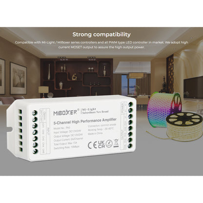 MiBOXER-PA5 71429 DC Ενισχυτής Ισχύος & Σήματος Υψηλής Ταχύτητας με 5 x 6A 144W Κανάλια DC 12-24V 15A 360W Max IP20 - Μ11.4 x Π4.9 x Υ2.8