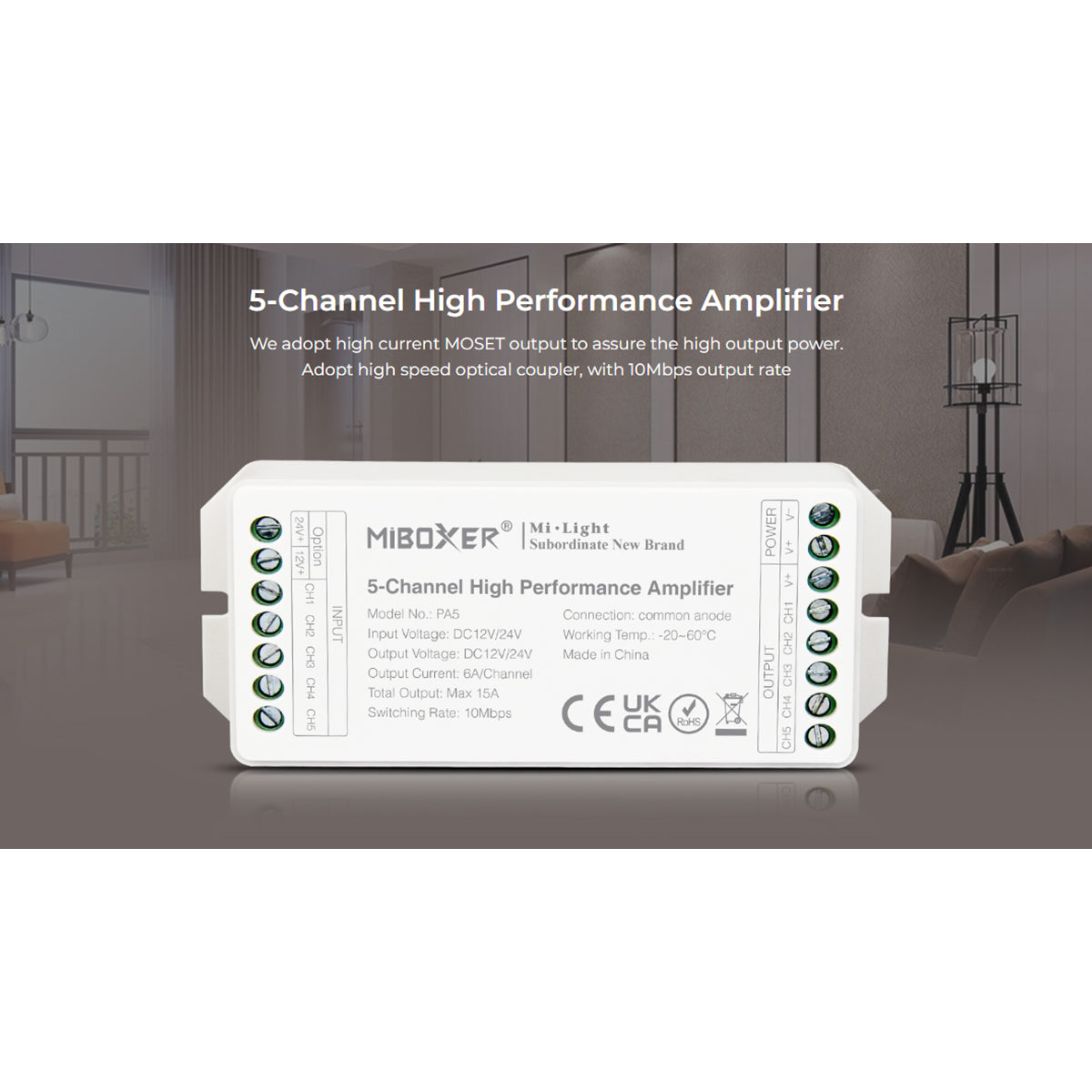 MiBOXER-PA5 71429 DC Ενισχυτής Ισχύος & Σήματος Υψηλής Ταχύτητας με 5 x 6A 144W Κανάλια DC 12-24V 15A 360W Max IP20 - Μ11.4 x Π4.9 x Υ2.8