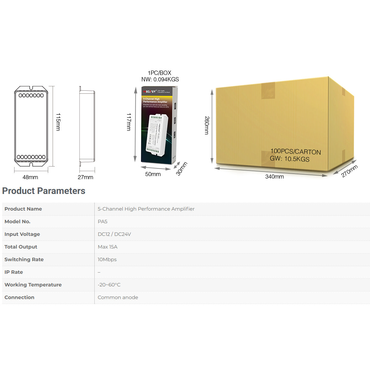 MiBOXER-PA5 71429 DC Ενισχυτής Ισχύος & Σήματος Υψηλής Ταχύτητας με 5 x 6A 144W Κανάλια DC 12-24V 15A 360W Max IP20 - Μ11.4 x Π4.9 x Υ2.8
