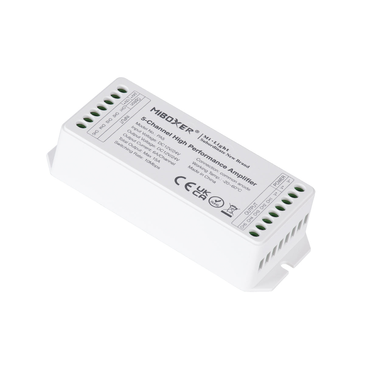 MiBOXER-PA5 71429 DC Ενισχυτής Ισχύος & Σήματος Υψηλής Ταχύτητας με 5 x 6A 144W Κανάλια DC 12-24V 15A 360W Max IP20 - Μ11.4 x Π4.9 x Υ2.8