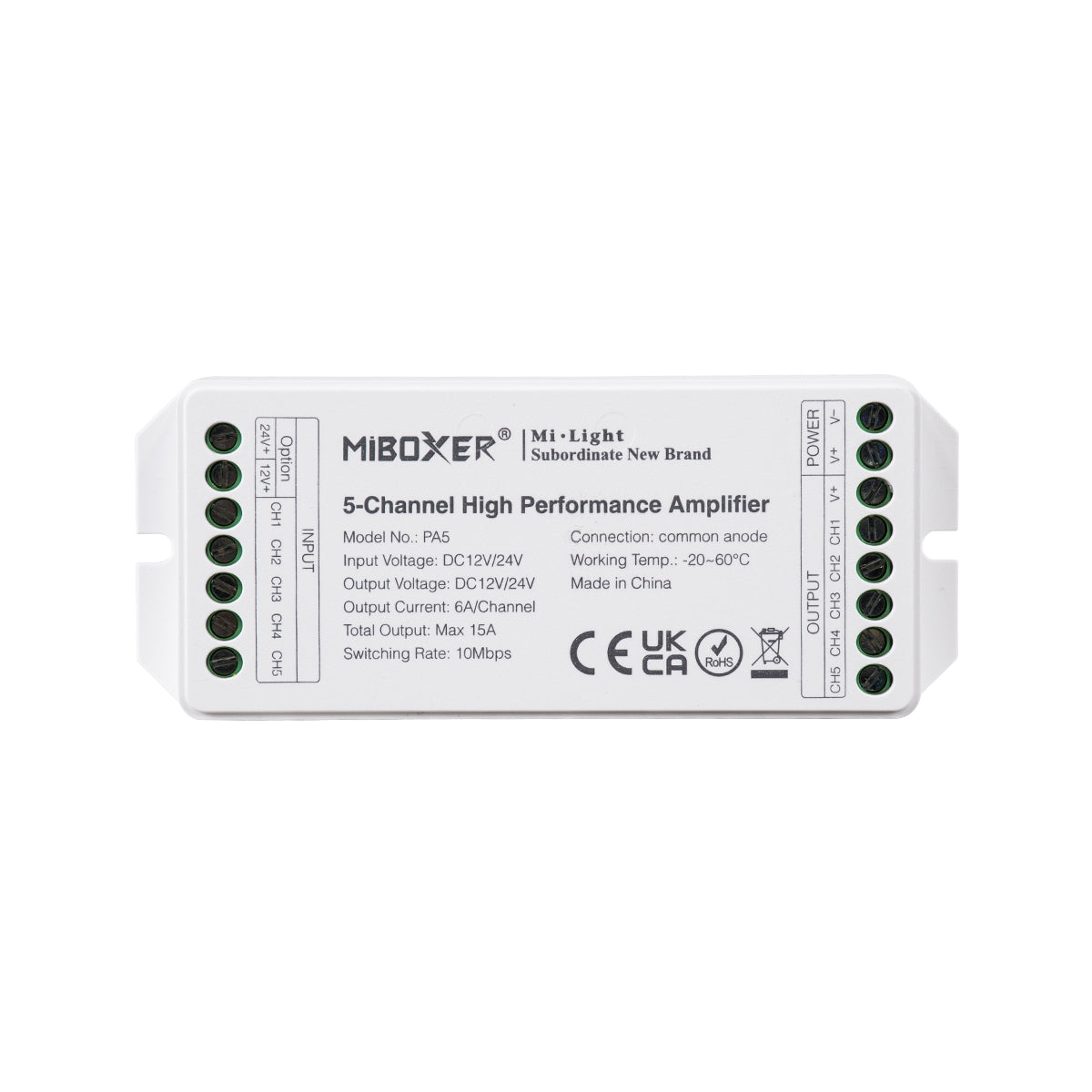 MiBOXER-PA5 71429 DC Ενισχυτής Ισχύος & Σήματος Υψηλής Ταχύτητας με 5 x 6A 144W Κανάλια DC 12-24V 15A 360W Max IP20 - Μ11.4 x Π4.9 x Υ2.8