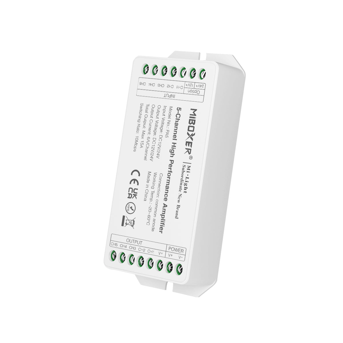 MiBOXER-PA5 71429 DC Ενισχυτής Ισχύος & Σήματος Υψηλής Ταχύτητας με 5 x 6A 144W Κανάλια DC 12-24V 15A 360W Max IP20 - Μ11.4 x Π4.9 x Υ2.8