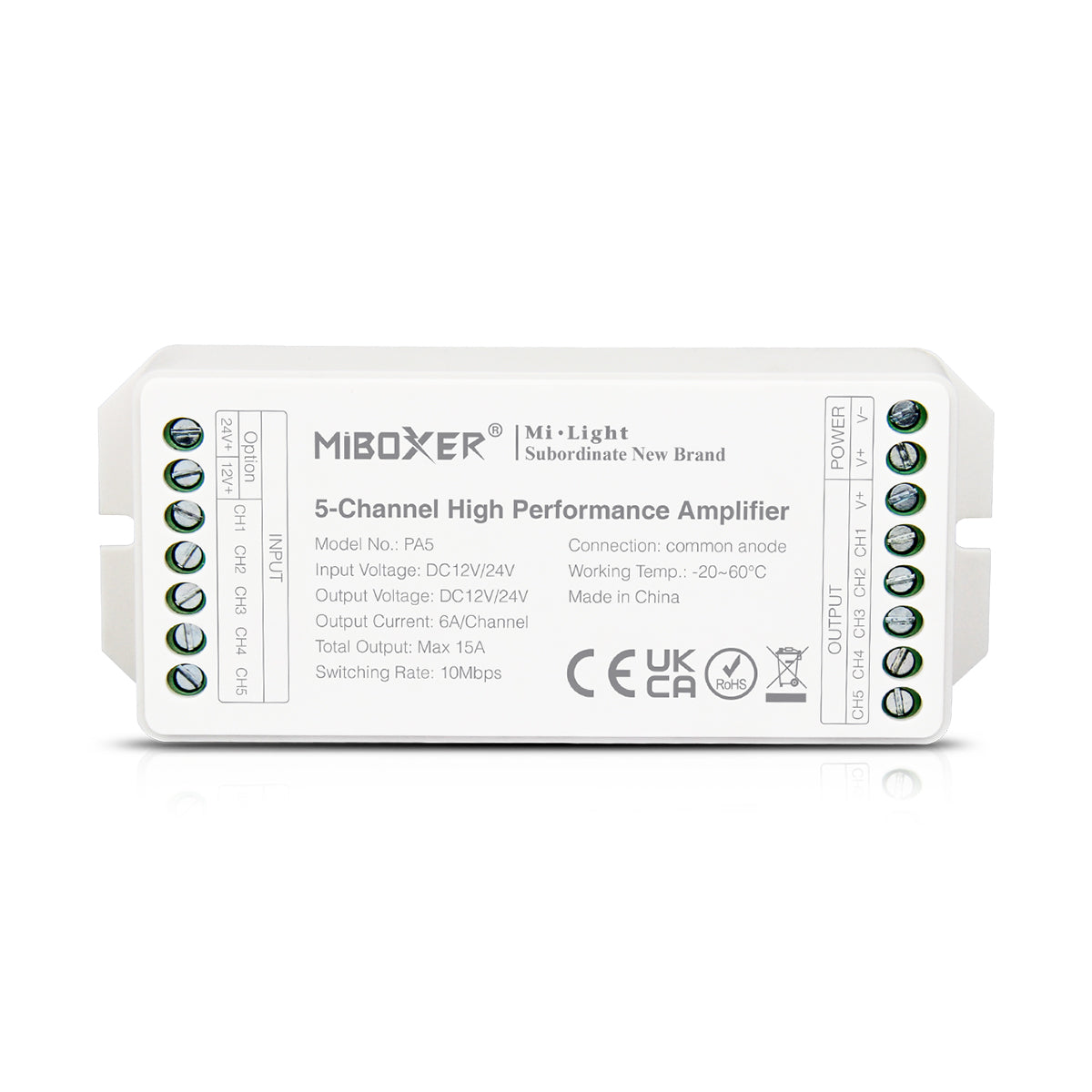 MiBOXER-PA5 71429 DC Ενισχυτής Ισχύος & Σήματος Υψηλής Ταχύτητας με 5 x 6A 144W Κανάλια DC 12-24V 15A 360W Max IP20 - Μ11.4 x Π4.9 x Υ2.8