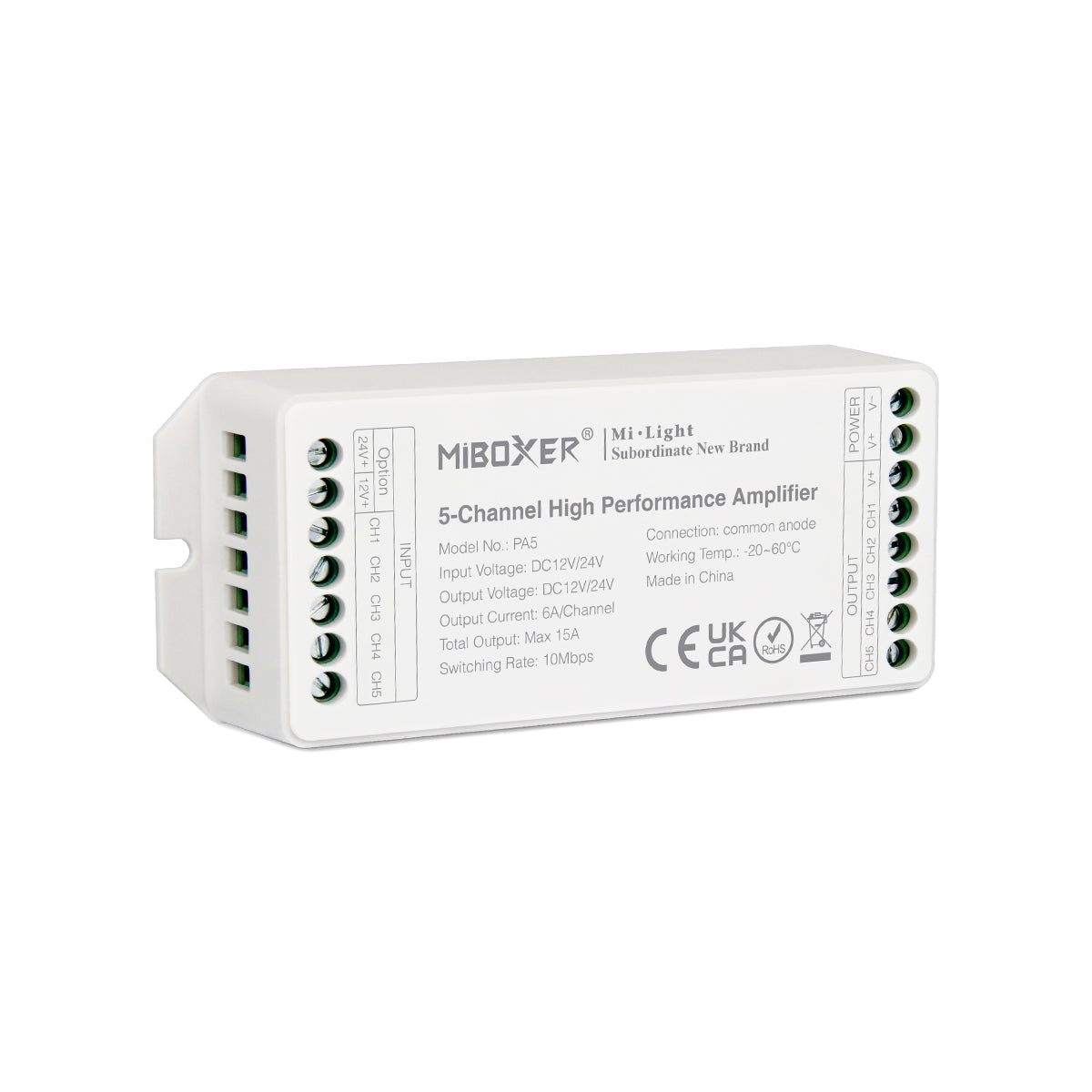 MiBOXER-PA5 71429 DC Ενισχυτής Ισχύος & Σήματος Υψηλής Ταχύτητας με 5 x 6A 144W Κανάλια DC 12-24V 15A 360W Max IP20 - Μ11.4 x Π4.9 x Υ2.8