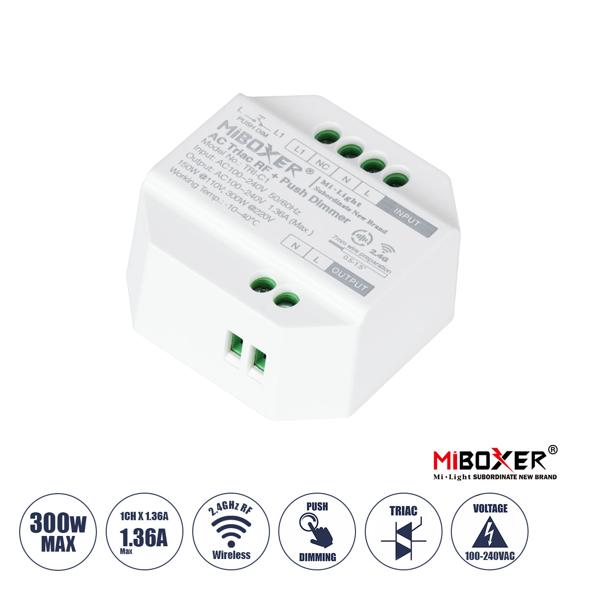 MiBOXER-TRI-C1 71432 AC Triac RF 2.4Ghz & Push Dimmer με 1 x 1.36A 300W Κανάλι AC 220-240V 1.36A 300W Max IP20 - RF 2.4Ghz & Push Dimming - Μ5 x Π5 x Υ2.3