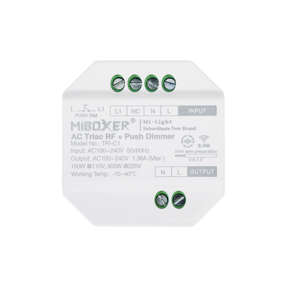 MiBOXER-TRI-C1 71432 AC Triac RF 2.4Ghz & Push Dimmer με 1 x 1.36A 300W Κανάλι AC 220-240V 1.36A 300W Max IP20 - RF 2.4Ghz & Push Dimming - Μ5 x Π5 x Υ2.3