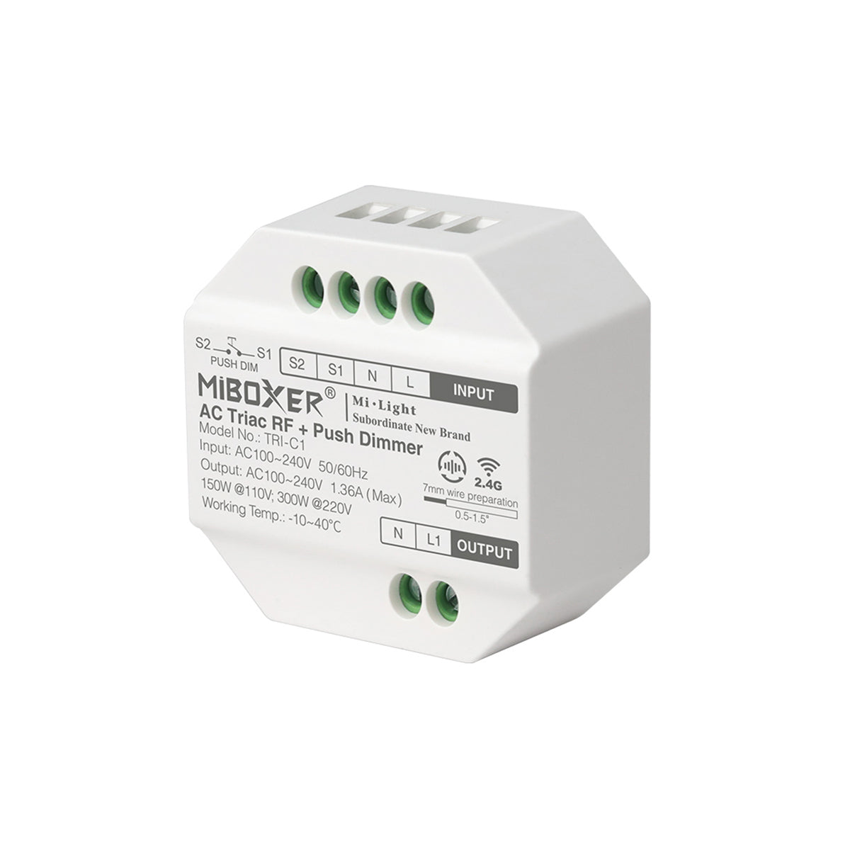 MiBOXER-TRI-C1 71432 AC Triac RF 2.4Ghz & Push Dimmer με 1 x 1.36A 300W Κανάλι AC 220-240V 1.36A 300W Max IP20 - RF 2.4Ghz & Push Dimming - Μ5 x Π5 x Υ2.3