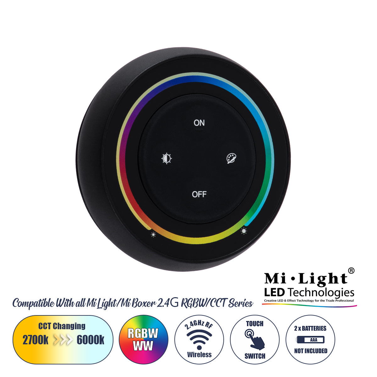 71434 S2-B Mi-Light Ασύρματο Χειριστήριο Αφής RF 2.4Ghz για όλα τα RGBW+WW Mi-BOXER Controller DC 3V 2 x AAA - IP20 Μαύρο Φ7 x Υ2.5cm