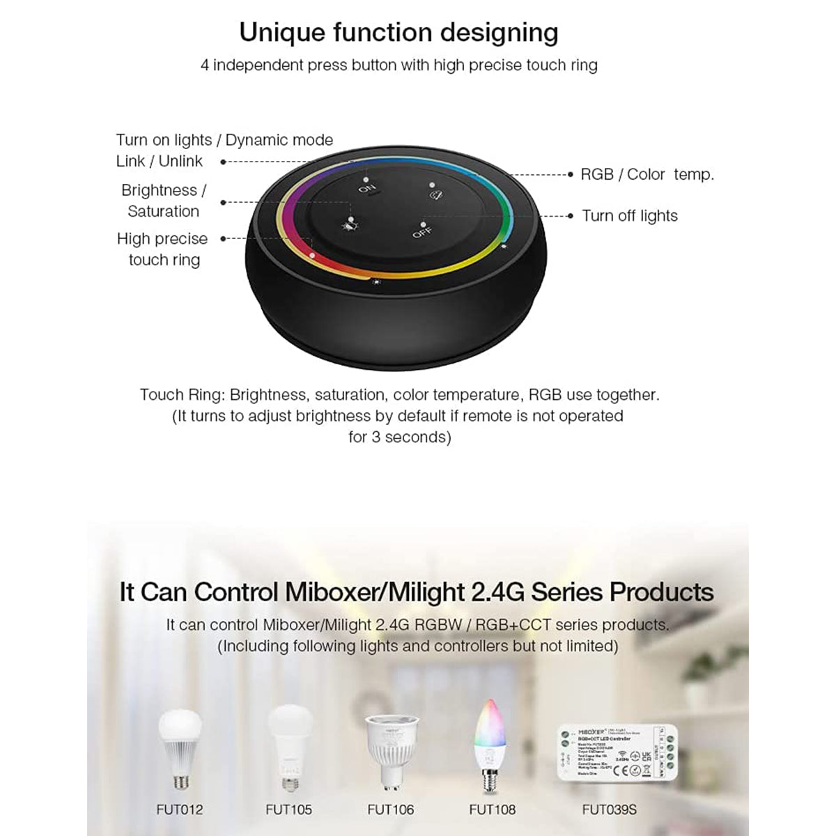 71434 S2-B Mi-Light Ασύρματο Χειριστήριο Αφής RF 2.4Ghz για όλα τα RGBW+WW Mi-BOXER Controller DC 3V 2 x AAA - IP20 Μαύρο Φ7 x Υ2.5cm