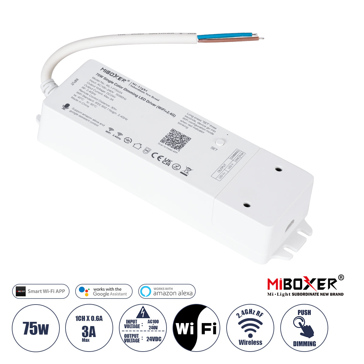 71437 WL1-P75V24 Mi-BOXER DC Smart Wifi & RF 2.4Ghz & Push Dimming Power Supply Τροφοδοτικό SELV & Controller / Dimmer All in One AC100-240V σε DC 24V 1 x 3A 75W - Max 3A 75W - IP20 Μ19 x Π5.5 x Υ3.2cm