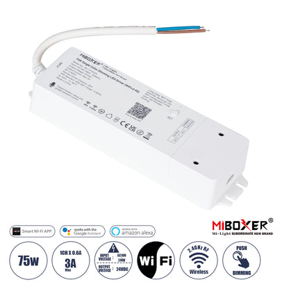 71437 WL1-P75V24 Mi-BOXER DC Smart Wifi & RF 2.4Ghz & Push Dimming Power Supply Τροφοδοτικό SELV & Controller / Dimmer All in One AC100-240V σε DC 24V 1 x 3A 75W - Max 3A 75W - IP20 Μ19 x Π5.5 x Υ3.2cm