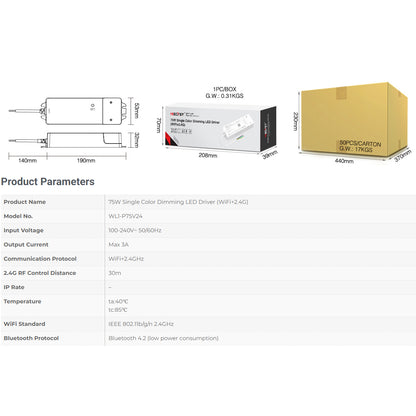 71437 WL1-P75V24 Mi-BOXER DC Smart Wifi & RF 2.4Ghz & Push Dimming Power Supply Τροφοδοτικό SELV & Controller / Dimmer All in One AC100-240V σε DC 24V 1 x 3A 75W - Max 3A 75W - IP20 Μ19 x Π5.5 x Υ3.2cm