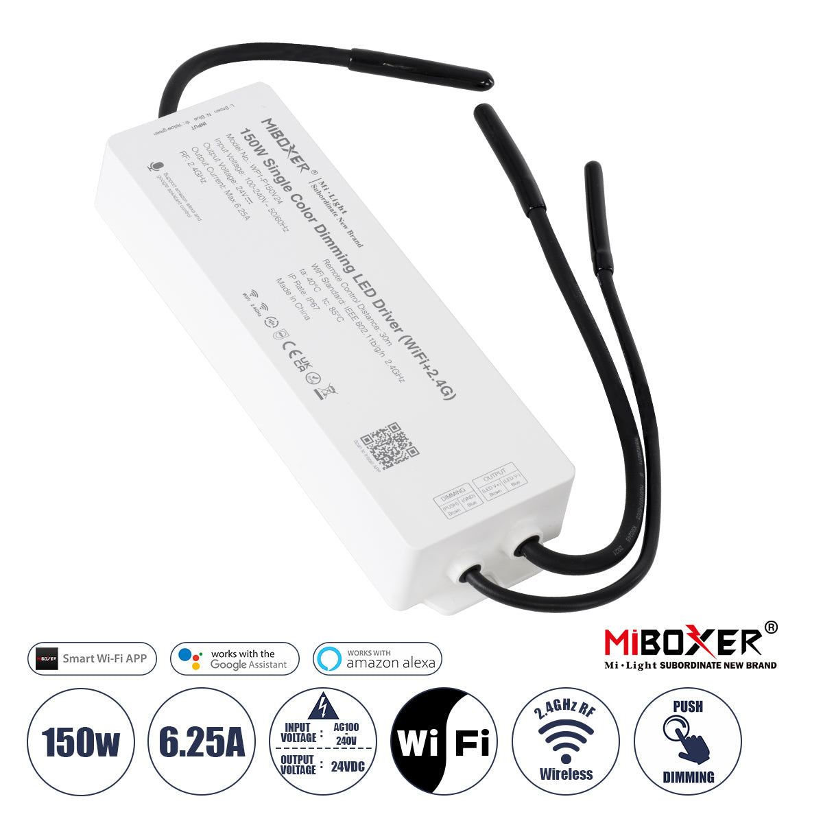 71438 WP1-P150V24 Mi-BOXER DC Smart Wifi & RF 2.4Ghz & Push Dimming Power Supply Τροφοδοτικό SELV & Controller / Dimmer All in One AC100-240V σε DC 24V 1 x 6.25A 150W - Max 6.25A 150W - Αδιάβροχο IP67 Μ22.5 x Π7 x Υ3.5cm