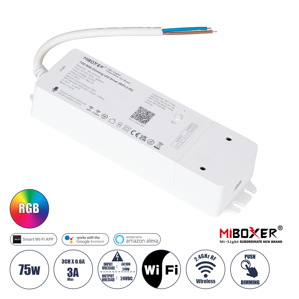 71439 WL3-P75V24 Mi-BOXER DC Smart Wifi & RF 2.4Ghz & Push Dimming Power Supply Τροφοδοτικό SELV & Controller / Dimmer All in One 3 Καναλιών AC100-240V σε DC 24V 3 x 0.6A 14.4W - Max 3A 75W - IP20 RGB Μ19 x Π5.5 x Υ3.2cm