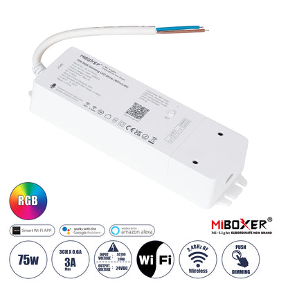 71439 WL3-P75V24 Mi-BOXER DC Smart Wifi & RF 2.4Ghz & Push Dimming Power Supply Τροφοδοτικό SELV & Controller / Dimmer All in One 3 Καναλιών AC100-240V σε DC 24V 3 x 0.6A 14.4W - Max 3A 75W - IP20 RGB Μ19 x Π5.5 x Υ3.2cm