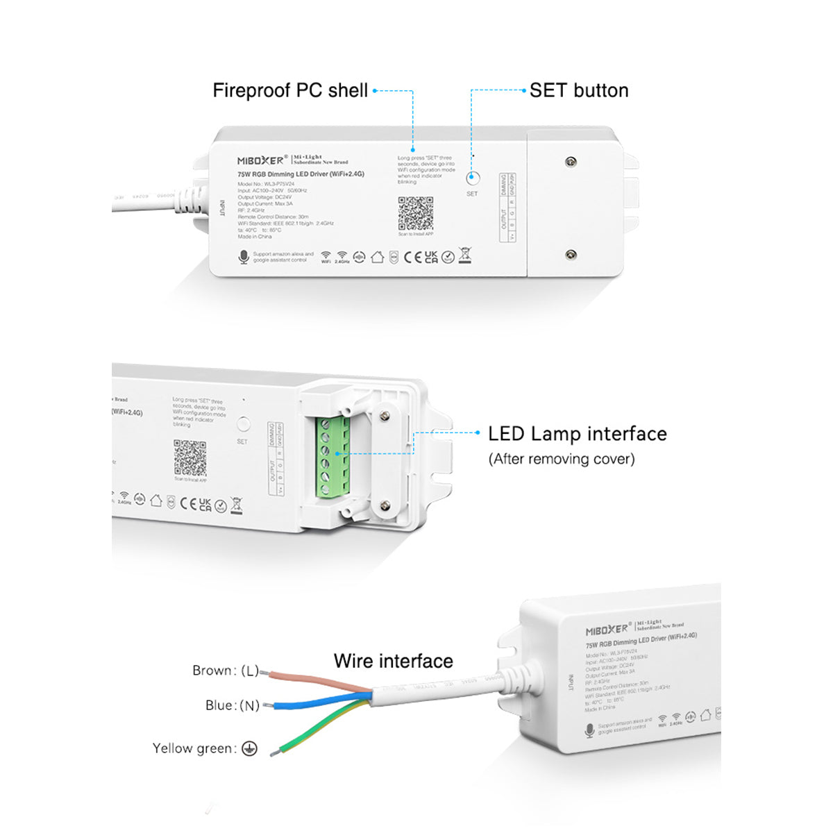 71439 WL3-P75V24 Mi-BOXER DC Smart Wifi & RF 2.4Ghz & Push Dimming Power Supply Τροφοδοτικό SELV & Controller / Dimmer All in One 3 Καναλιών AC100-240V σε DC 24V 3 x 0.6A 14.4W - Max 3A 75W - IP20 RGB Μ19 x Π5.5 x Υ3.2cm